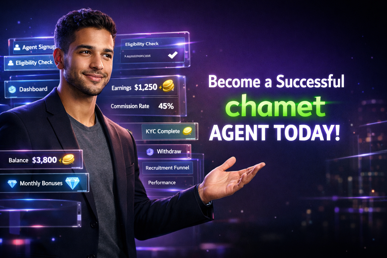 Featured image for a guide on how to become a Chamet agent, showing a professional entrepreneur in a futuristic dashboard workspace with signup, eligibility, and earnings UI panels from chamet agency.