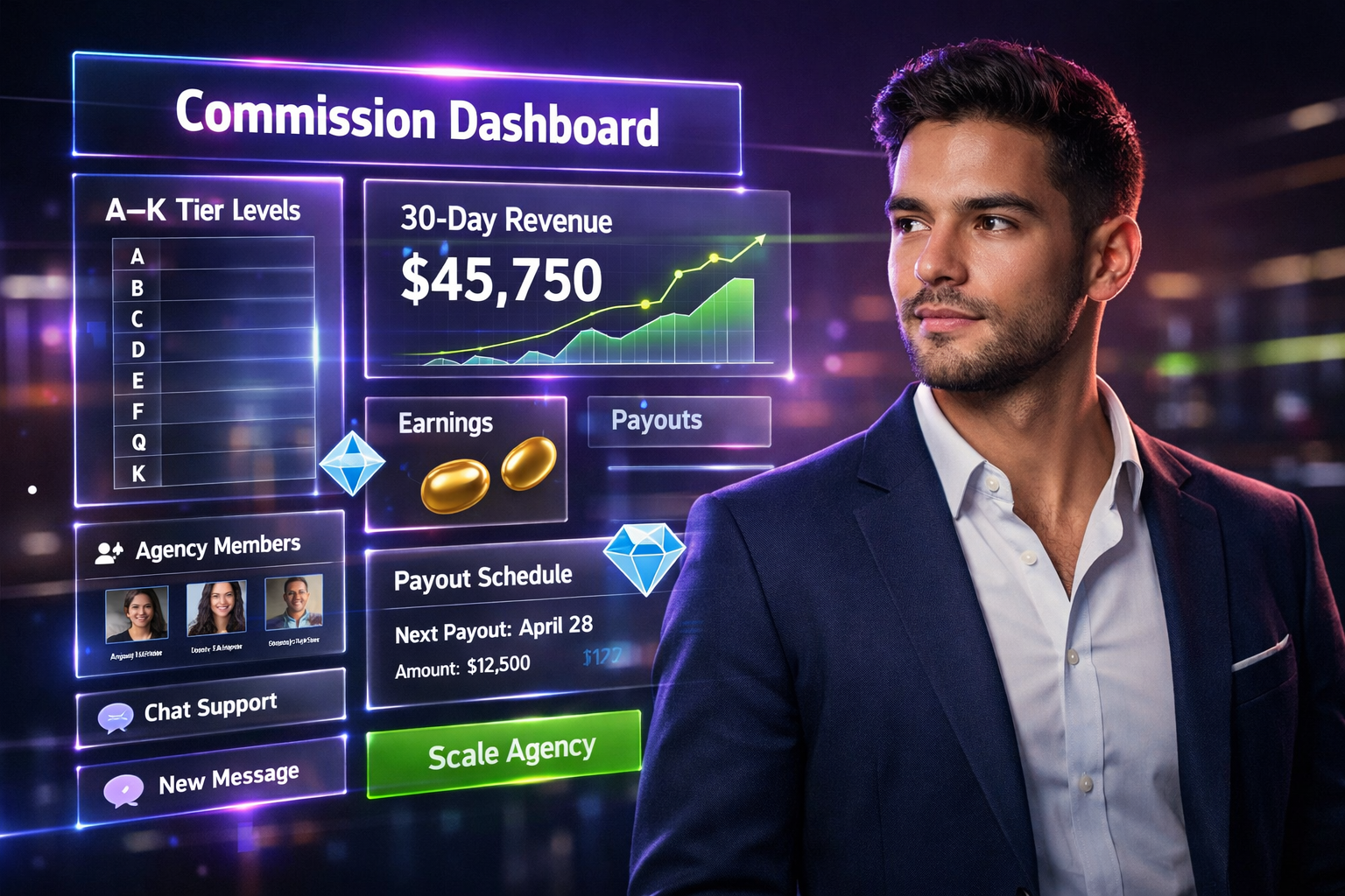 Featured image showing a modern entrepreneur in a futuristic dark workspace reviewing A–K tier commission dashboards, 30-day revenue analytics, and payout panels for a chamet agency guide.