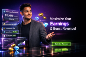 Featured image for a chamet agency earnings tutorial showing a young entrepreneur in a futuristic dark workspace with holographic income dashboards, commission tracking panels, and withdraw analytics in English.