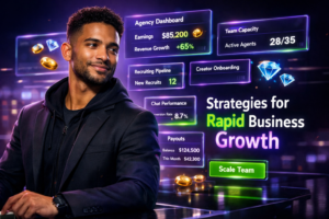 Featured image of a young entrepreneur in a futuristic workspace with holographic analytics dashboards showing recruiting, team scaling, and revenue metrics for a chamet agency growth strategy.