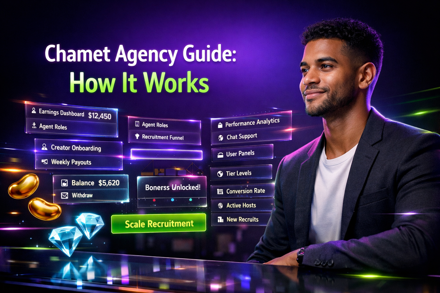 Featured image showing a modern entrepreneur in a futuristic dashboard workspace with analytics panels explaining the chamet agency model, agent roles, and earnings structure.