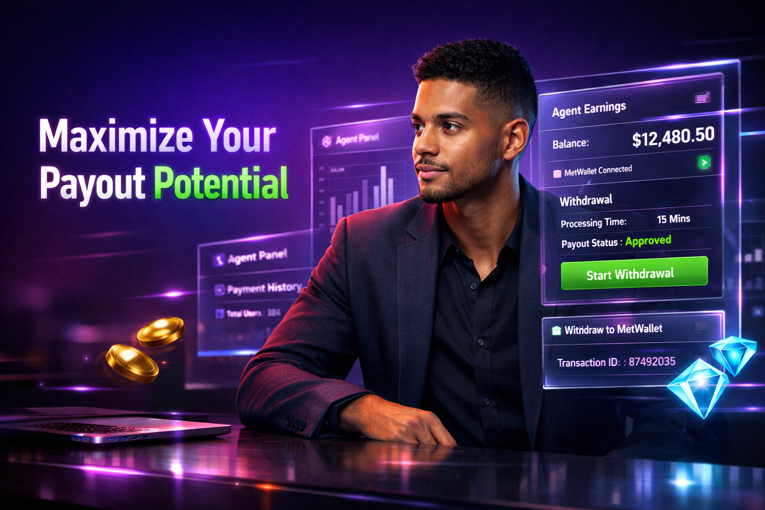 Featured image for a chamet agent payout guide showing a young entrepreneur in a futuristic workspace with MetWallet setup and withdrawal dashboard UI, explaining payment processing steps for chamet agency.