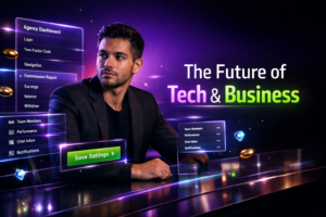 Featured image for a chamet agency dashboard tutorial showing a focused entrepreneur in a futuristic dark workspace with holographic UI panels for login, settings, and commission analytics.