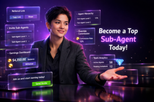 Featured image showing a young entrepreneur in a futuristic workspace using referral link and hierarchy dashboards to invite sub agents on Chamet, with analytics panels and commission widgets for a chamet agency growth guide.