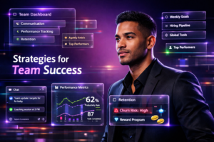 Featured image showing a modern entrepreneur in a futuristic workspace using dashboards, chat panels, and analytics to explain how to manage a chamet agency team with communication, performance tracking, and retention strategies.