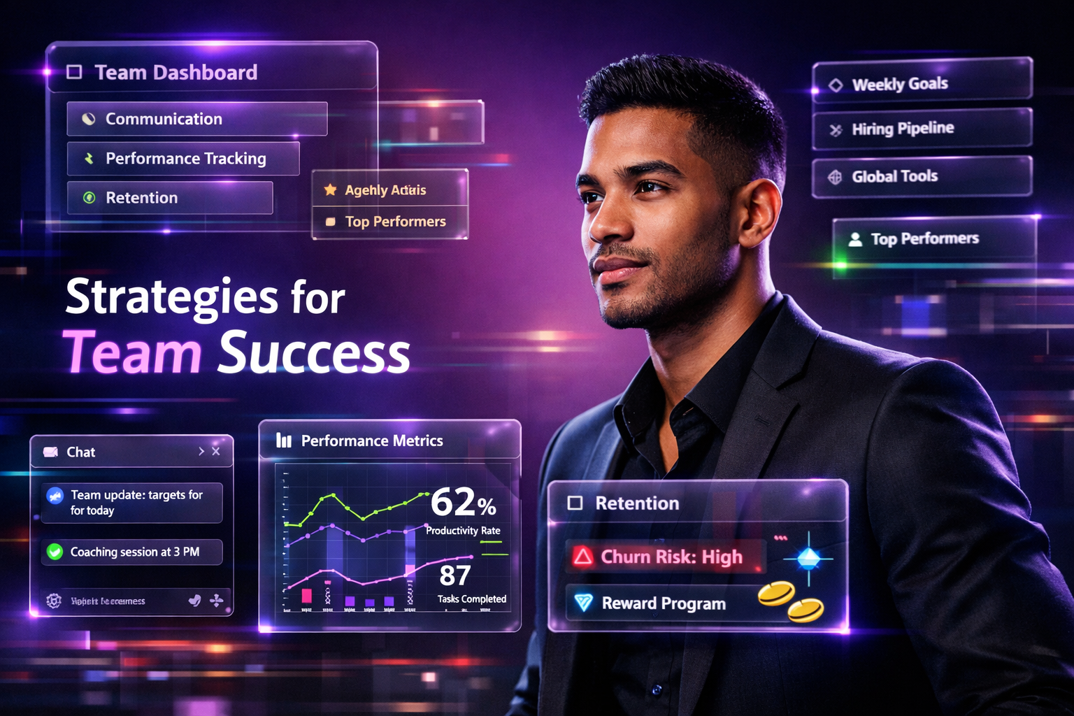 Featured image showing a modern entrepreneur in a futuristic workspace using dashboards, chat panels, and analytics to explain how to manage a chamet agency team with communication, performance tracking, and retention strategies.
