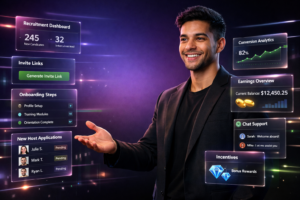 Futuristic featured image showing a professional entrepreneur presenting recruitment analytics and onboarding panels for how to recruit hostesses for chamet agency.