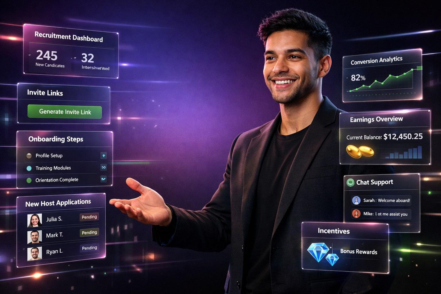 Futuristic featured image showing a professional entrepreneur presenting recruitment analytics and onboarding panels for how to recruit hostesses for chamet agency.