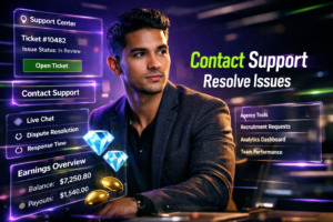 Featured image showing a modern entrepreneur in a futuristic workspace using holographic support dashboards to contact support, manage tickets, and resolve disputes with chamet agency tools.