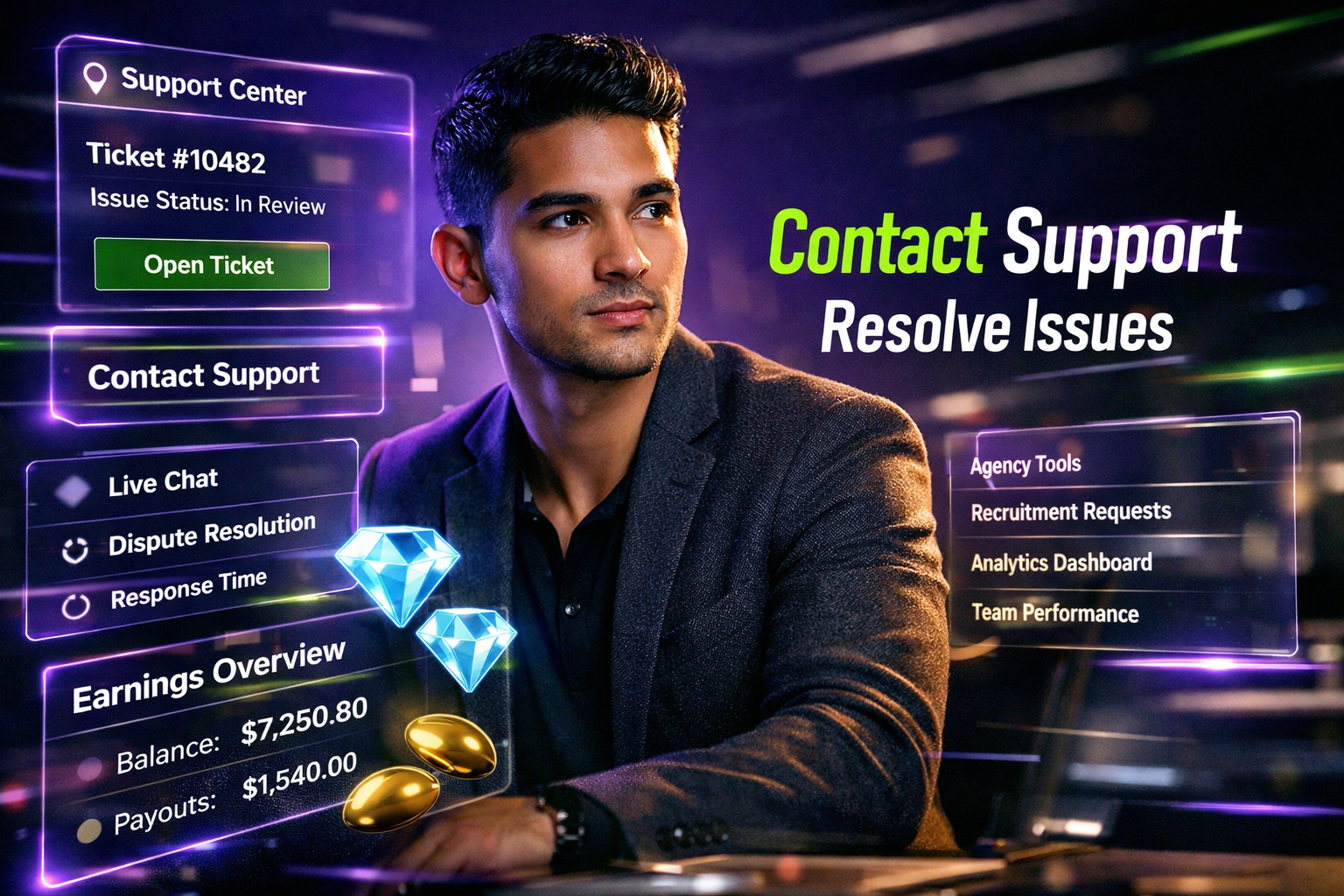 Featured image showing a modern entrepreneur in a futuristic workspace using holographic support dashboards to contact support, manage tickets, and resolve disputes with chamet agency tools.