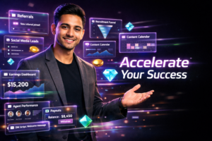 Featured image of a young entrepreneur in a futuristic dark workspace with holographic analytics and referral dashboards illustrating chamet agent marketing strategies for social media recruitment and referrals in a chamet agency.