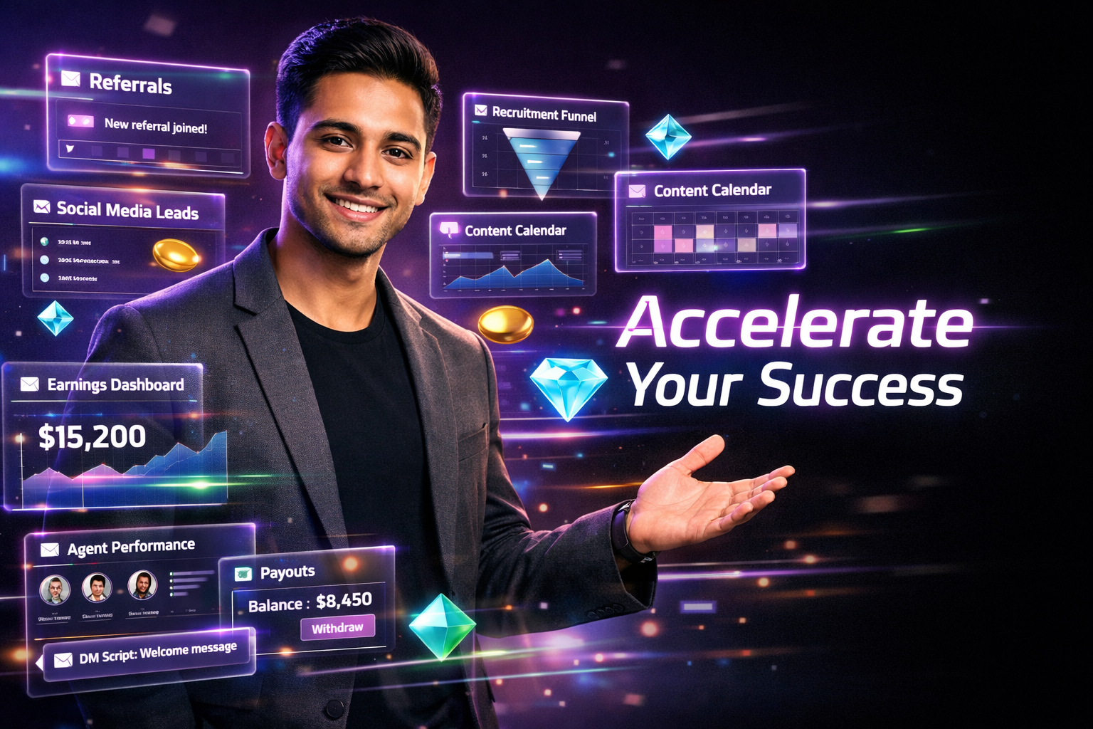 Featured image of a young entrepreneur in a futuristic dark workspace with holographic analytics and referral dashboards illustrating chamet agent marketing strategies for social media recruitment and referrals in a chamet agency.