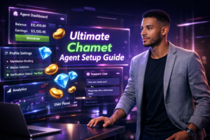 Featured image of a professional entrepreneur in a futuristic workspace with holographic dashboards showing profile settings, MetWallet binding, and analytics for a chamet agency account setup guide.