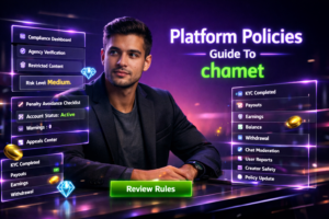 Featured image showing a focused entrepreneur in a futuristic dark workspace reviewing English compliance dashboards and platform policy panels for chamet agency compliance rules.
