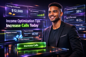 Featured image showing a confident young entrepreneur in a futuristic dark workspace with holographic analytics dashboards about earnings, conversions, and calls, illustrating chamet agency income optimization tips to maximize commissions.