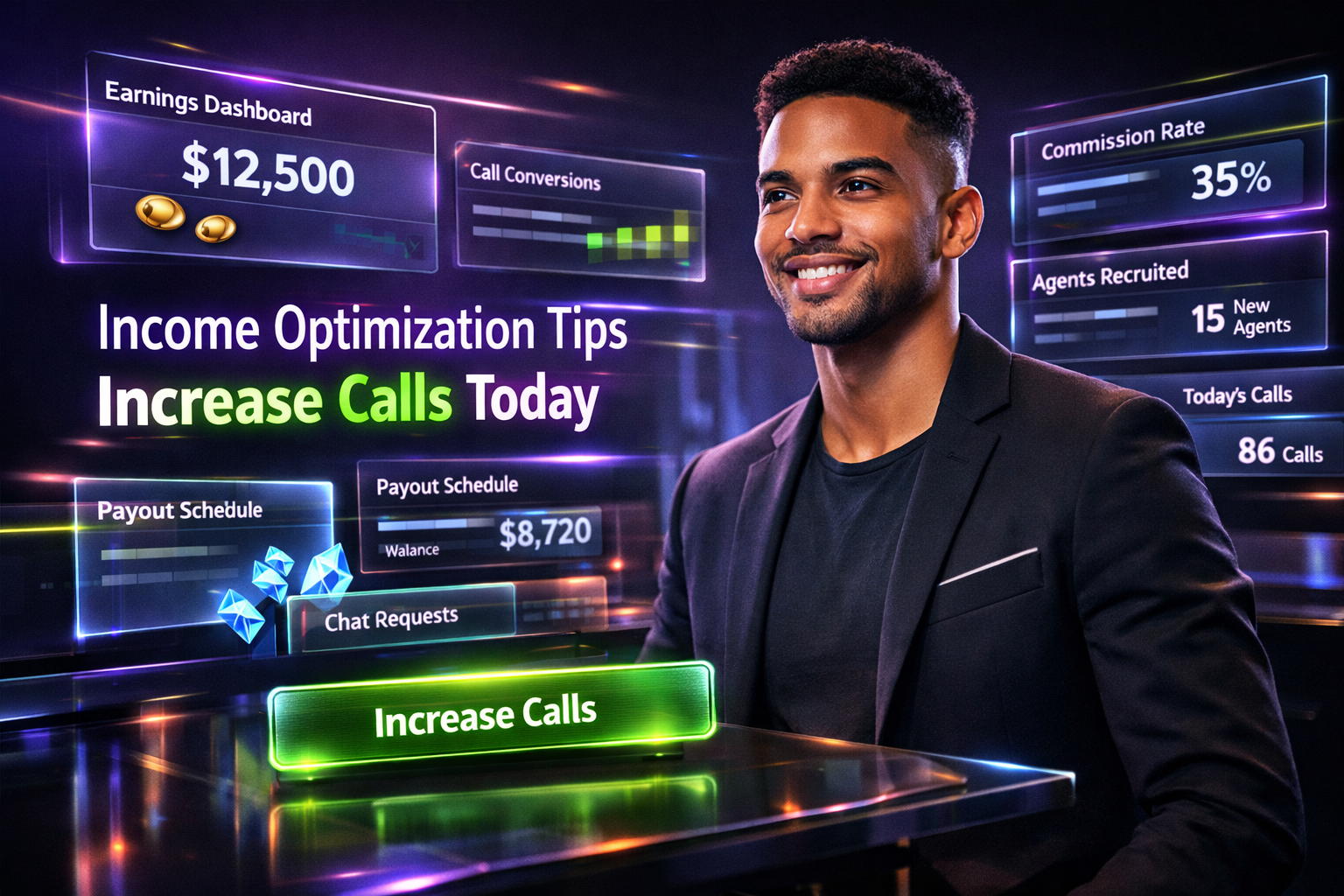 Featured image showing a confident young entrepreneur in a futuristic dark workspace with holographic analytics dashboards about earnings, conversions, and calls, illustrating chamet agency income optimization tips to maximize commissions.