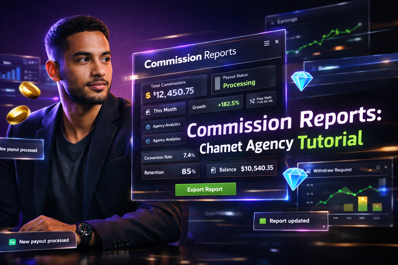 Featured image showing a young professional analyzing holographic commission dashboards and analytics in a dark neon workspace for a chamet agency reporting system tutorial.
