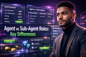 Featured image for a chamet agency guide comparing chamet agent vs sub-agent roles, showing a professional entrepreneur in a futuristic workspace with English analytics dashboards for responsibilities and commission structure.