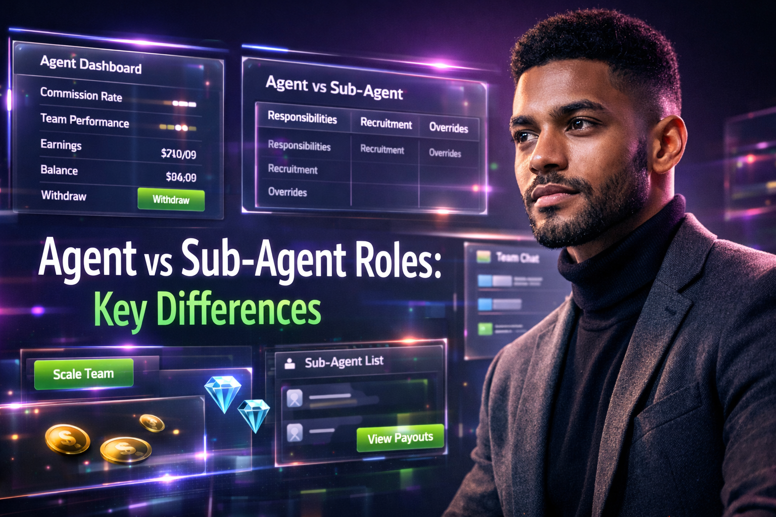 Featured image for a chamet agency guide comparing chamet agent vs sub-agent roles, showing a professional entrepreneur in a futuristic workspace with English analytics dashboards for responsibilities and commission structure.