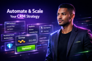 Featured image of a young entrepreneur in a futuristic dark workspace with holographic CRM dashboards and automation panels, illustrating chamet agency automation tips for scaling faster with recruitment, workflow optimization, and smart CRM usage.