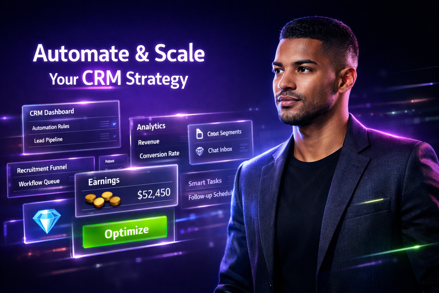 Featured image of a young entrepreneur in a futuristic dark workspace with holographic CRM dashboards and automation panels, illustrating chamet agency automation tips for scaling faster with recruitment, workflow optimization, and smart CRM usage.