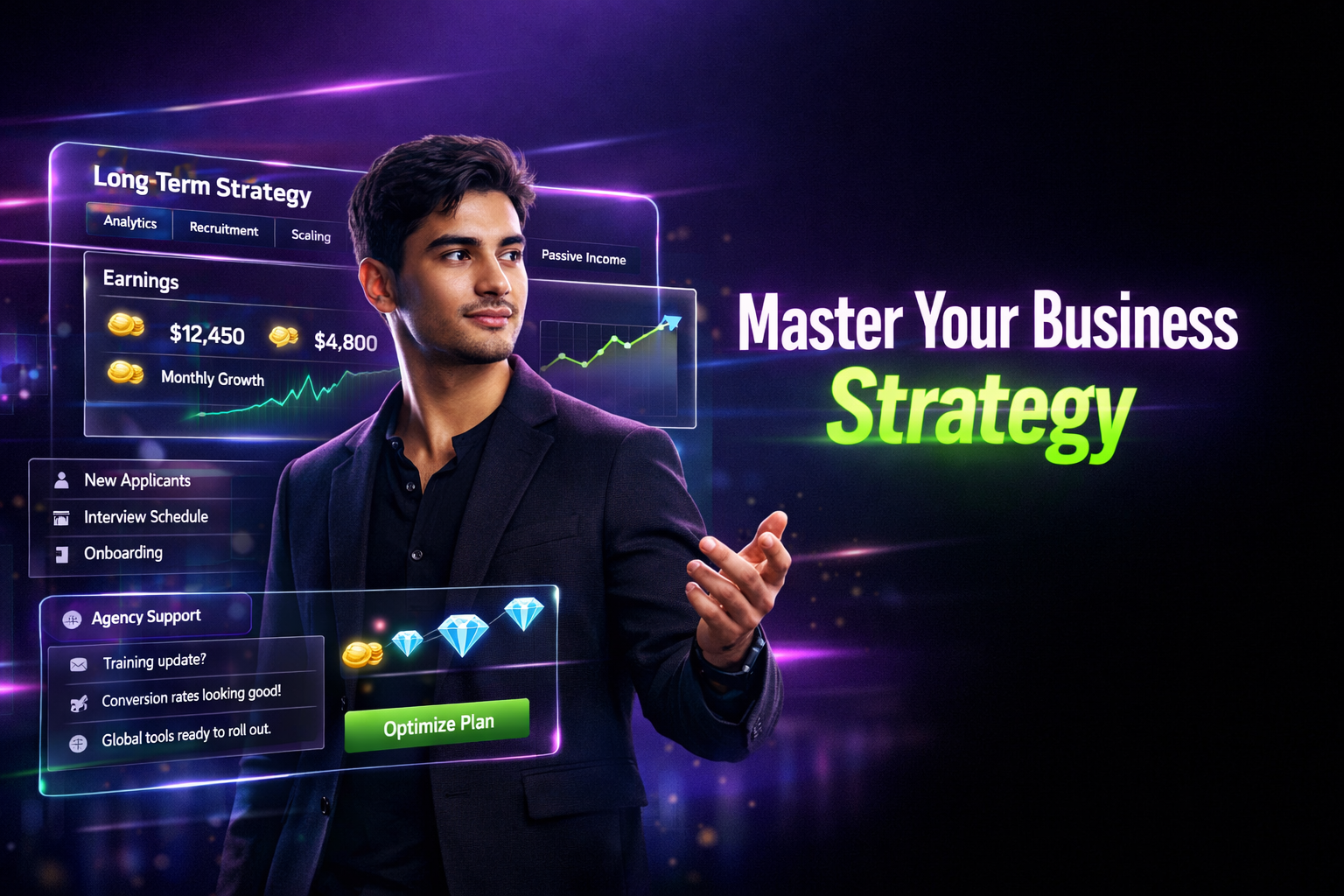 Featured image showing a modern entrepreneur in a futuristic dark workspace with holographic analytics, recruitment, and scaling dashboards illustrating a chamet agency long-term strategy for sustainable growth.