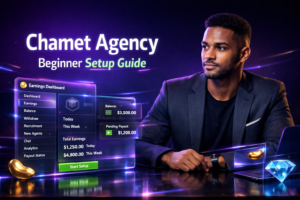 Featured image of a young entrepreneur in a futuristic dark workspace with holographic dashboards showing earnings, analytics, chat panels, and setup steps for a chamet agency beginner tutorial.