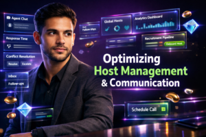 Featured image of a modern entrepreneur reviewing chat dashboards, analytics, and conflict-resolution panels for better host relationship management in a chamet agency.
