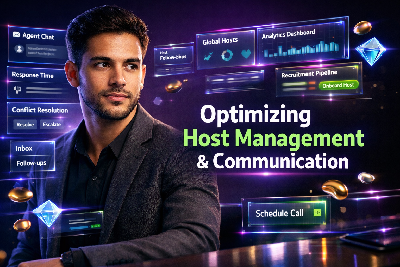 Featured image of a modern entrepreneur reviewing chat dashboards, analytics, and conflict-resolution panels for better host relationship management in a chamet agency.