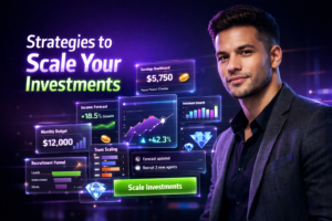 Featured image of a young entrepreneur in a futuristic neon workspace with holographic dashboards for chamet agent financial planning, showing income forecasting, budgeting, and investment growth tools from chamet agency.