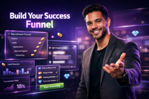 Featured image of a modern entrepreneur in a futuristic dark workspace with holographic analytics and onboarding panels explaining the chamet agent recruitment funnel, highlighting lead generation, conversion tracking, and tools from chamet agency.