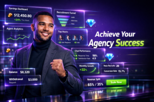 Featured image of a confident entrepreneur in a futuristic neon workspace with holographic analytics dashboards showing chamet agent success stories, earnings, recruitment metrics, and growth tools for a chamet agency.