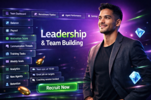 Featured image of a modern entrepreneur using holographic dashboards and chat panels to improve chamet agent leadership skills, team communication, motivation, analytics, and recruitment strategy for a chamet agency.