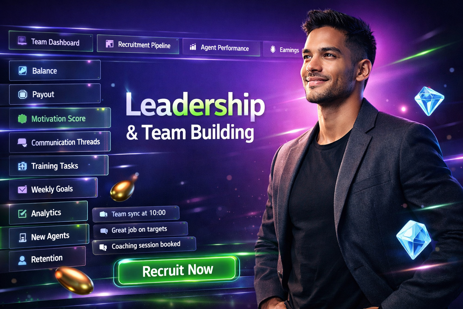 Featured image of a modern entrepreneur using holographic dashboards and chat panels to improve chamet agent leadership skills, team communication, motivation, analytics, and recruitment strategy for a chamet agency.