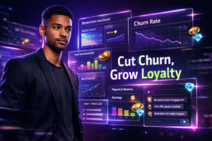 Featured image showing a modern entrepreneur analyzing retention dashboards and incentives to reduce churn and grow loyalty for a chamet agency.