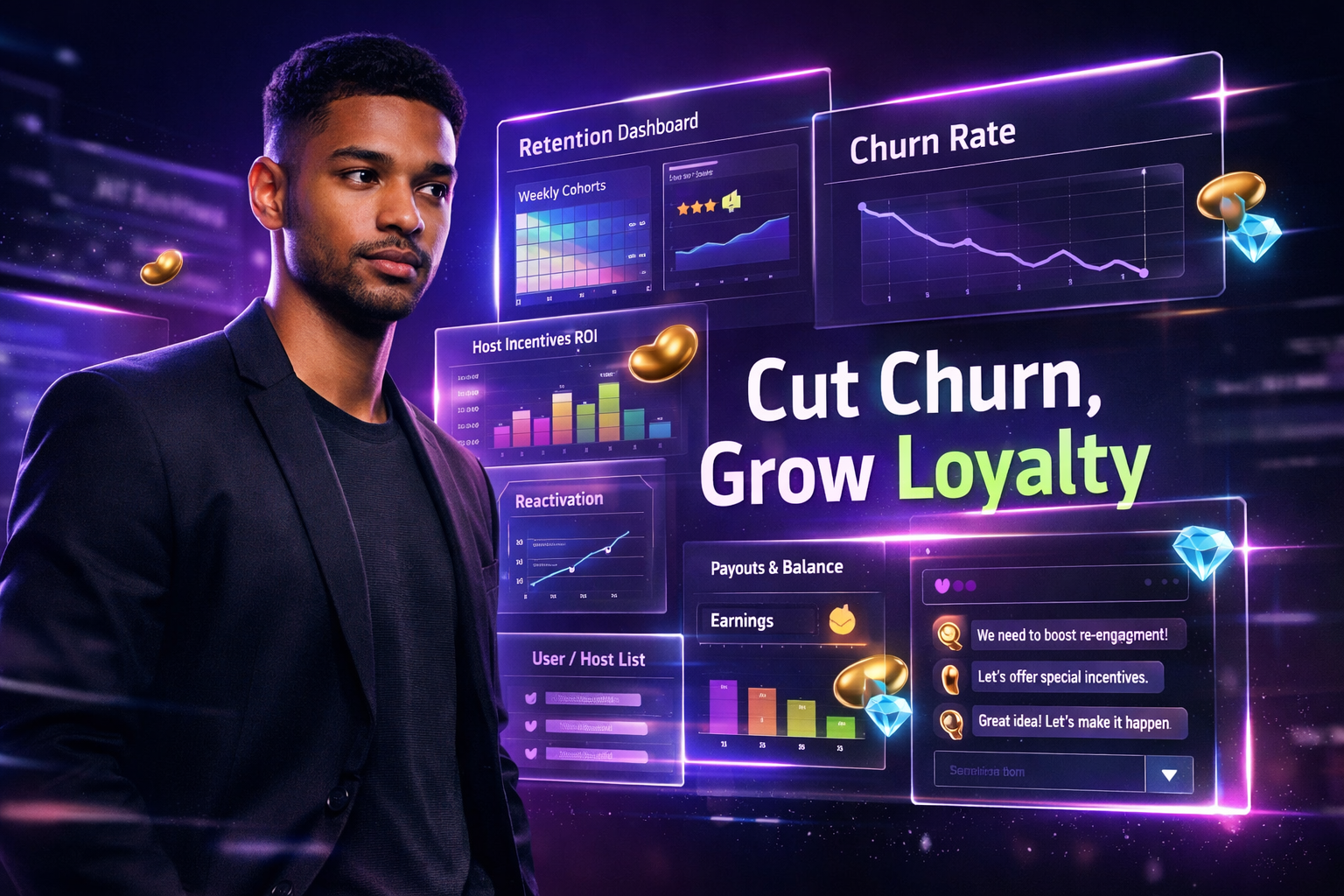 Featured image showing a modern entrepreneur analyzing retention dashboards and incentives to reduce churn and grow loyalty for a chamet agency.