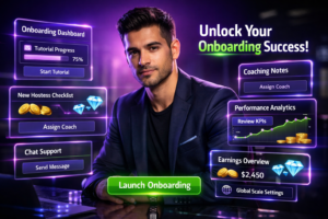 Featured image for a chamet agency training guide showing a modern entrepreneur in a futuristic workspace with onboarding dashboards, tutorial progress panels, and performance coaching analytics.