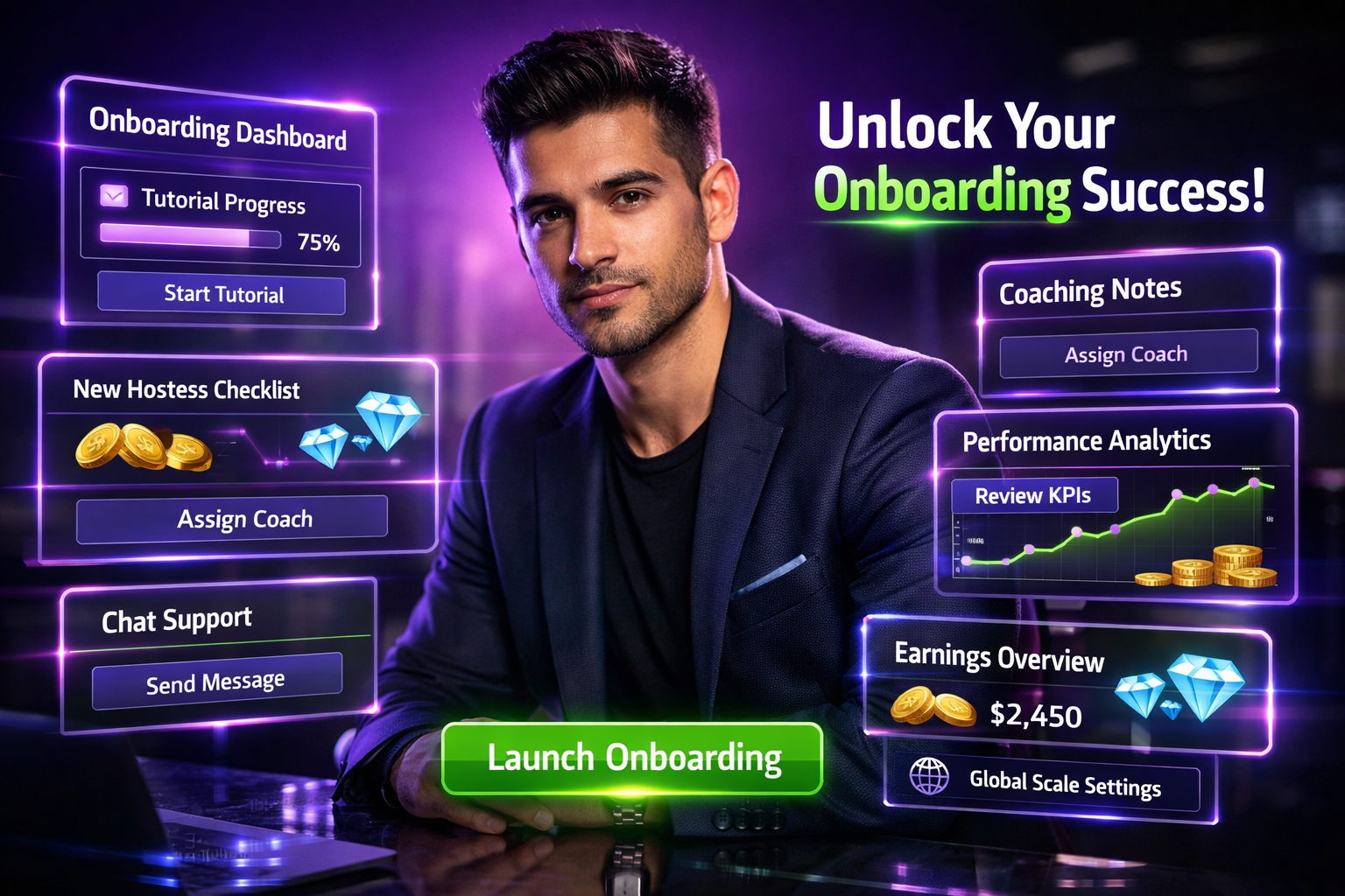 Featured image for a chamet agency training guide showing a modern entrepreneur in a futuristic workspace with onboarding dashboards, tutorial progress panels, and performance coaching analytics.