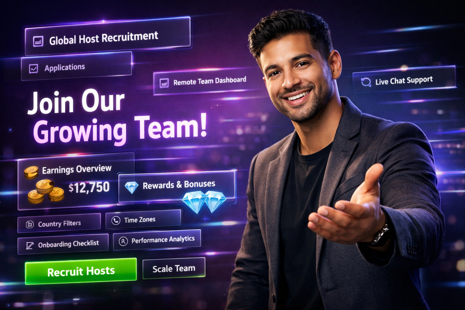 Featured image showing a modern entrepreneur in a futuristic dark workspace with holographic dashboards for global recruitment, onboarding, remote team management, and analytics—illustrating chamet agency global expansion tips.