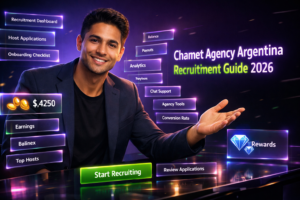 Tech-style featured image for a guide on chamet agency argentina recruitment, showing a modern entrepreneur in a dark futuristic workspace with holographic recruitment and earnings dashboards for chamet agency.