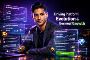 Featured image illustrating chamet agency future trends with a young entrepreneur in a futuristic workspace, holographic analytics dashboards, growth levers, and global recruitment signals.