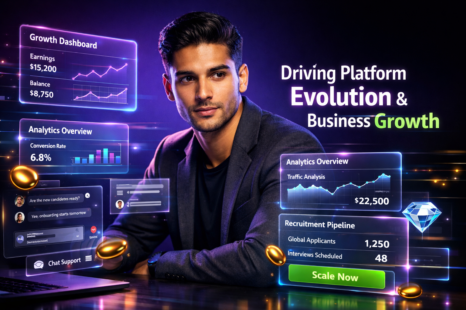 Featured image illustrating chamet agency future trends with a young entrepreneur in a futuristic workspace, holographic analytics dashboards, growth levers, and global recruitment signals.