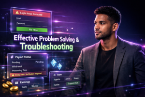 Featured image for a chamet agency troubleshooting guide showing a young entrepreneur in a futuristic dark workspace with holographic dashboards for login issues, payout status, earnings analytics, and support chat.