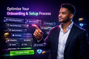 Featured image of a young entrepreneur in a futuristic dark workspace reviewing a chamet agency onboarding checklist with step-by-step setup panels, analytics dashboards, earnings and payout UI, and neon glassmorphism interfaces.