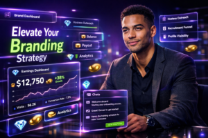 Featured image for a chamet agent branding guide showing a modern entrepreneur in a futuristic dark workspace with holographic analytics, earnings dashboards, and chat panels explaining how chamet agency attracts hostesses online.