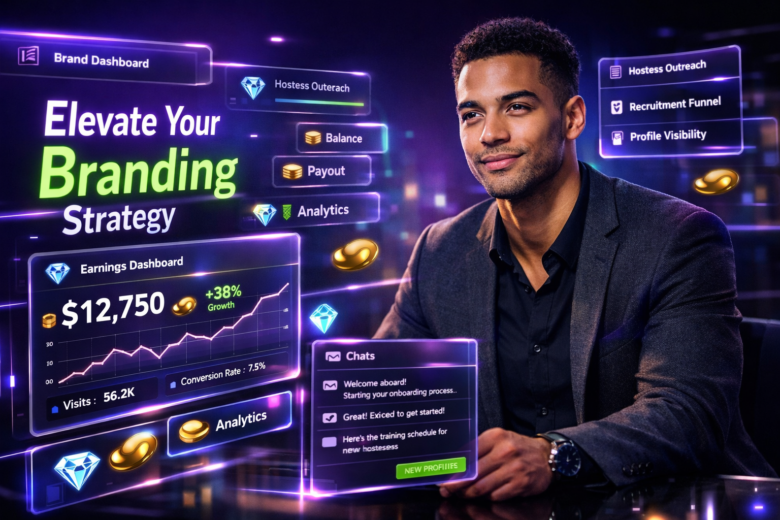 Featured image for a chamet agent branding guide showing a modern entrepreneur in a futuristic dark workspace with holographic analytics, earnings dashboards, and chat panels explaining how chamet agency attracts hostesses online.