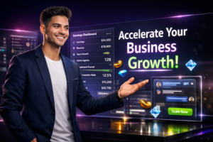 Featured image for a chamet agent income scaling tutorial showing a modern entrepreneur in a futuristic workspace with holographic earnings dashboards, recruitment analytics, and global scaling tools for chamet agency.