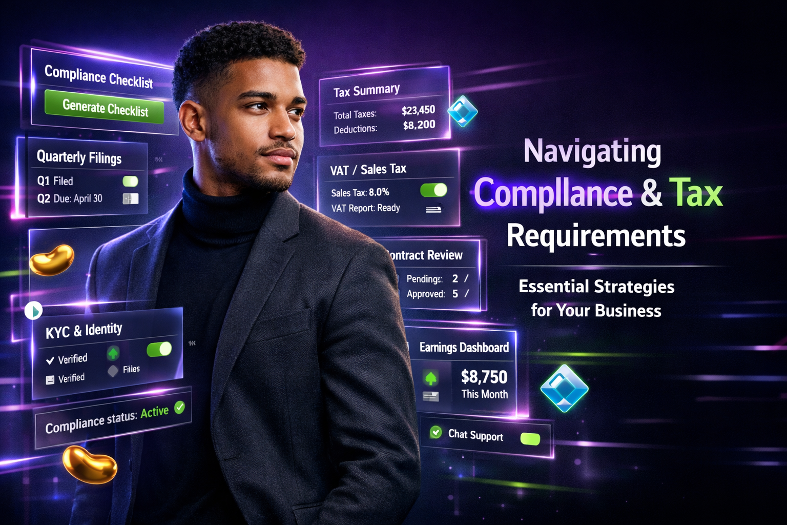 Featured image of a young professional in a futuristic workspace reviewing compliance and tax dashboards for chamet agent legal considerations, with holographic checklists and analytics from chamet agency.