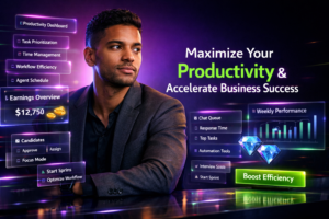 Featured image showing a modern entrepreneur in a futuristic neon workspace with English analytics panels for time management, task prioritization, and workflow efficiency, illustrating chamet agent productivity tips for a chamet agency.