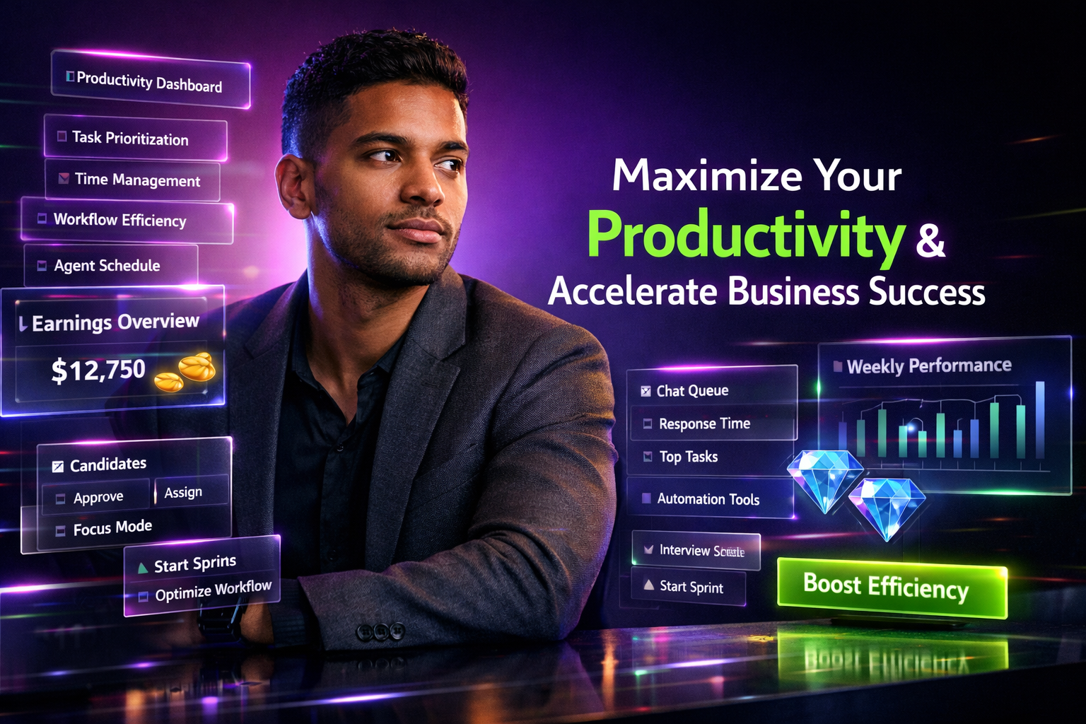 Featured image showing a modern entrepreneur in a futuristic neon workspace with English analytics panels for time management, task prioritization, and workflow efficiency, illustrating chamet agent productivity tips for a chamet agency.